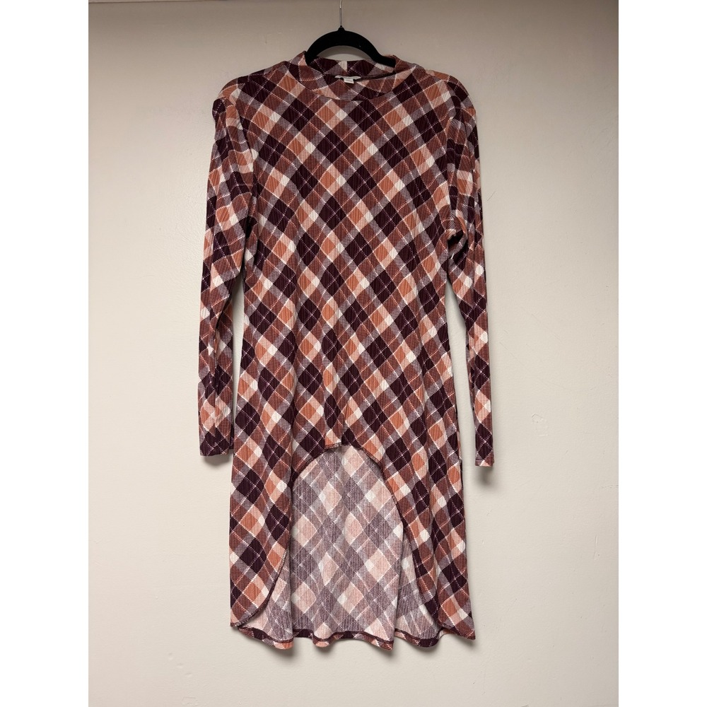 Cato High Low Dress Womens L Large‎ Long Sleeve Plaid Burgundy Tan Career